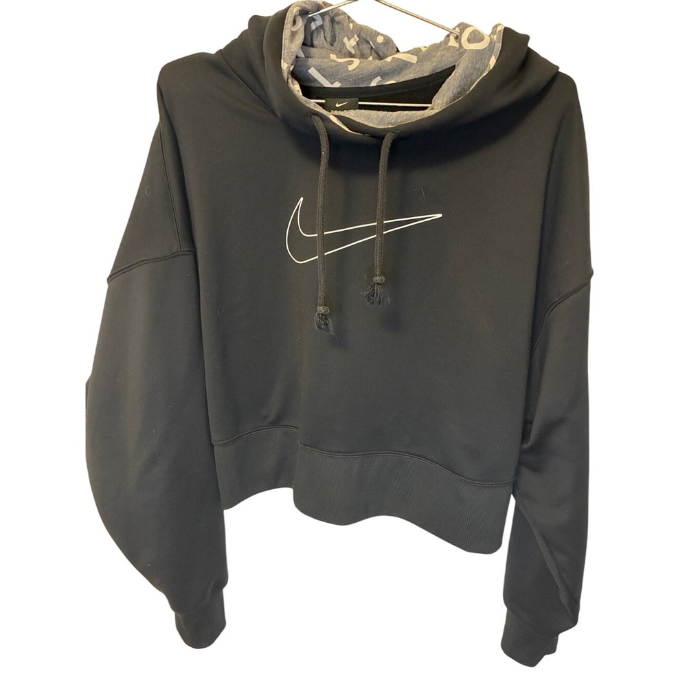 Like New Nike Dri Fit Black Cropped Hooded Sweatshirt with White Swoosh Large